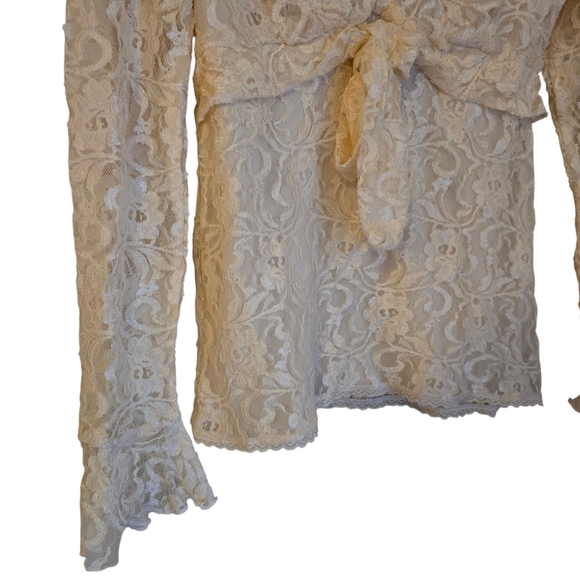 Zena Jeans Vintage Cream Floral Lace Bow Front Top Long Sleeve Small Y2K - Picture 8 of 12